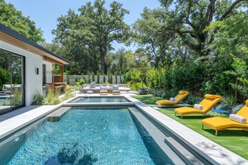 Elegant modern pool area with artificial grass, yellow chairs, and concrete patio in a backyard garden of an eco-friendly home in Dallas.
