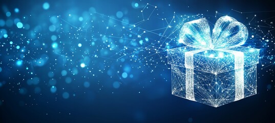 Gift Box With A Bow Made Of Blue Polygonal Mesh On Blue Background With Bokeh And Copy Space.