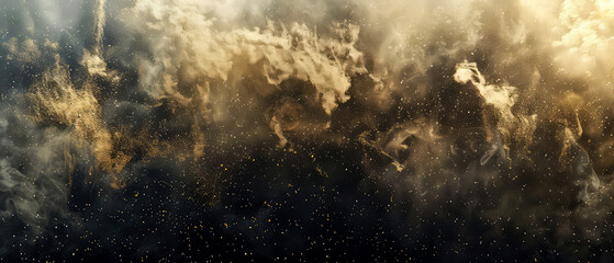 Obraz premium Dark glittering background with grey swirl of smoke, golden dust, shimmer, particles. Stardust. Steam effect. Smoky, sparkling. Generative ai