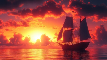 Obraz premium A cartoon-style ship with large sails cruising towards a vibrant sunset, with Columbus standing at the helm, guiding the way