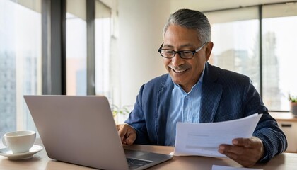 Happy busy older professional businessman entrepreneur using laptop holding bill corporate document in office