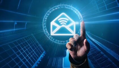 Email icon going into and underground on a blue background the man clicks the envelope