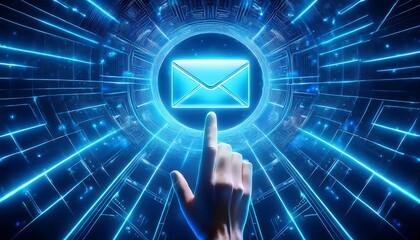 Email icon going into and underground on a blue background the hand touches the screen