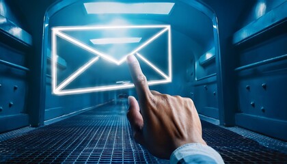 Email icon going into and underground on a blue background the man clicks the envelope