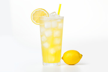 A crystal-clear glass of lemon soda filled with ice cubes and lemon slices, condensation droplets on the glass,emphasizing the simplicity of summer refreshment.