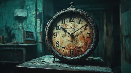 A close-up of a broken clock stuck at midnight, sitting on a dusty table in a dark room with shadows playing on the walls
