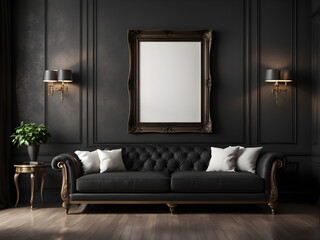 Dark classic interior with sofa and blank picture frame on wall. 3d rendering