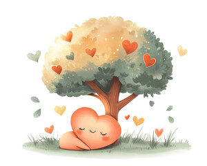 Heart-shaped character resting under a love tree, white isolate background