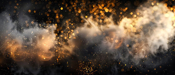 Obraz premium Dark glittering background with grey swirl of smoke, golden dust, shimmer, particles. Stardust. Steam effect. Smoky, sparkling. Generative ai