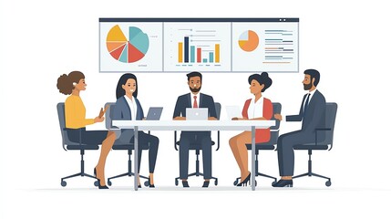 A diverse group of professionals collaborating in a meeting room, analyzing data and discussing business strategies.