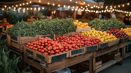 a vibrant farmers market showcasing seasonal produce under string lights evoking warm community focused atmosphere