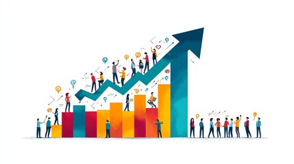 An illustration depicting business growth with diverse people climbing and celebrating a rising graph and upward arrow.