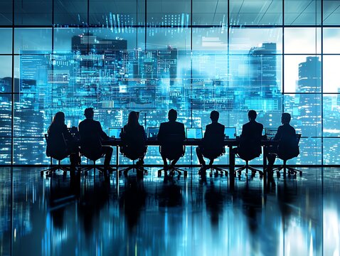 Silhouetted business meeting against a modern city skyline, highlighting teamwork and corporate strategy in an urban environment.