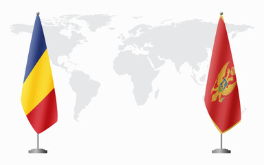 Romania and Montenegro flags for official meeting against background of world map.