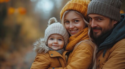 Fototapeta premium a young family with two small children in autumn nature