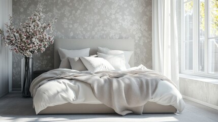 Bedroom interior with stylish wallpaper, modern bed, flowers in vase, elegant decor, cozy blanket, soft pillows, bright light through clear windows