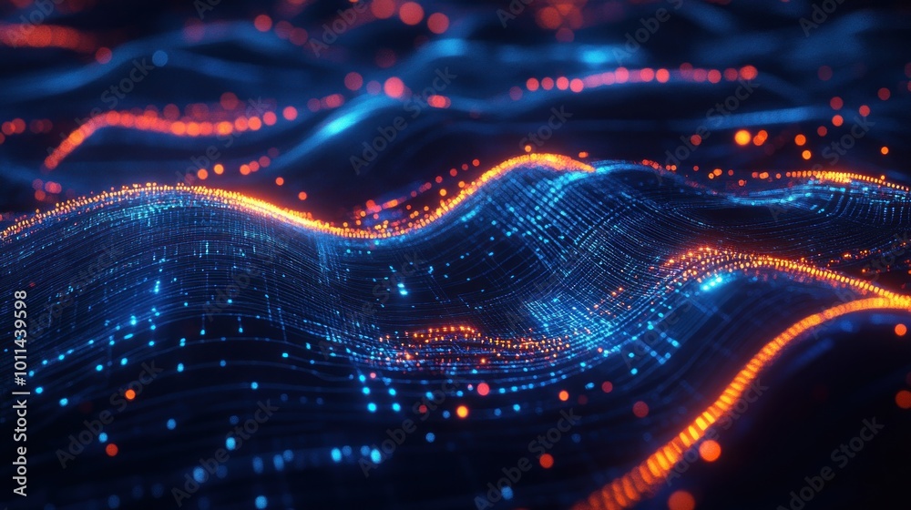 Poster abstract digital waves with glowing particles, representing data flow and technology.