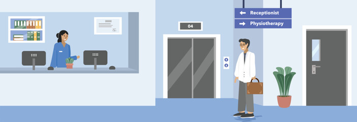 Doctor in front of elevator. Hospital direction sign. Elevator in the hospital. Administration unit in the clinic. Hospital reception. Clinic registration place.