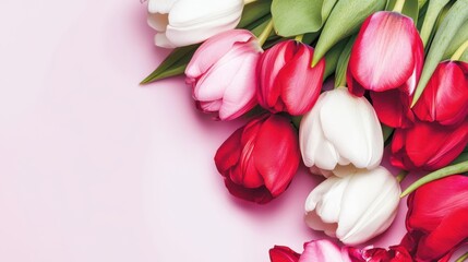Obraz premium A vibrant arrangement of tulips in red, white, and pink on a soft pink background.