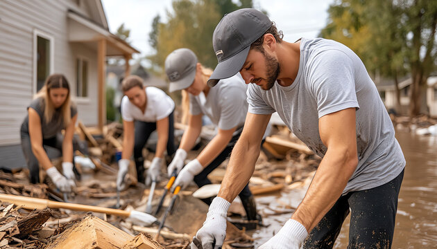 Volunteers helping with disaster recovery and cleanup amidst debris.