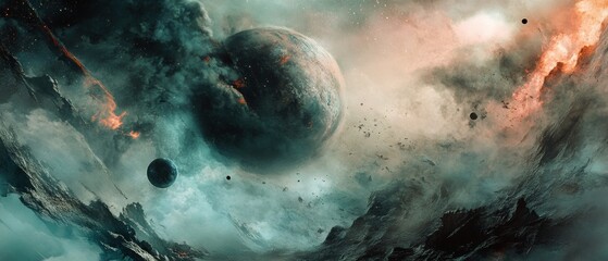 A space scene with a large planet and a smaller one in the foreground