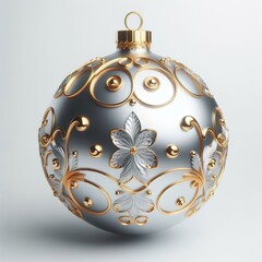 a metallic chrome silver christmas ornament with golden details, white background