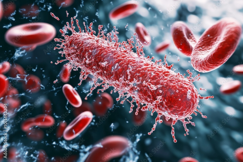Aufkleber a highly detailed and close-up view of a cylindrical bacterium surrounded by red blood cells, showca