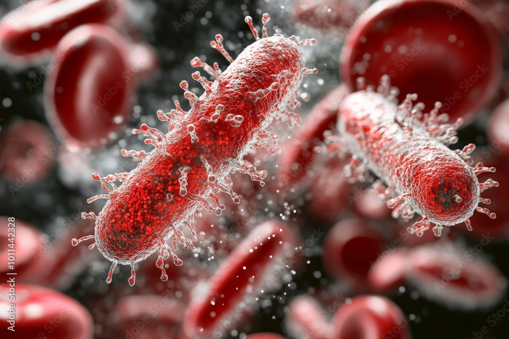 Poster a close-up, detailed image of a bacterium interacting with surrounding blood cells, capturing the dy