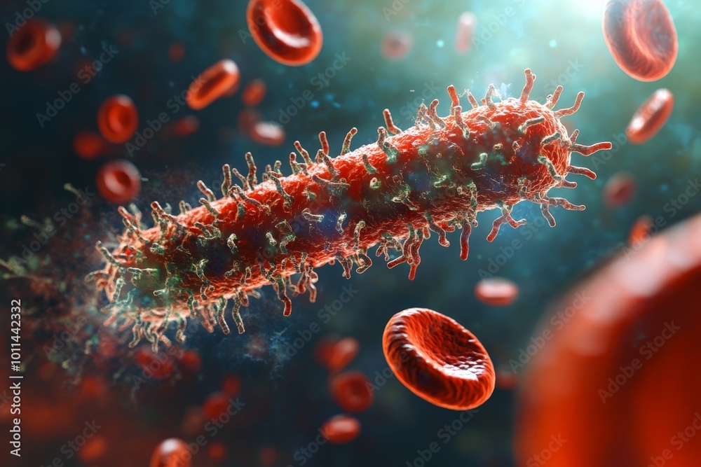 Poster a vivid, dynamic view of a red-tinted bacterium interacting with surrounding blood cells, offering a