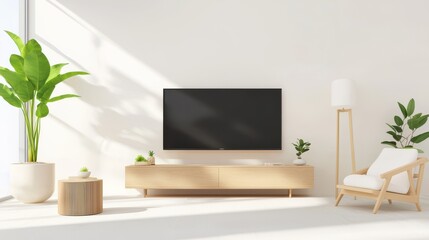 A minimalist living room with a large TV, light wood furniture, and neutral decor, creating a serene and functional entertainment area.
