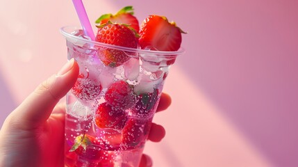 A hand holding an ice cold transparent plastic cup with a straw, filled with colorful lemonade and strawberries in it