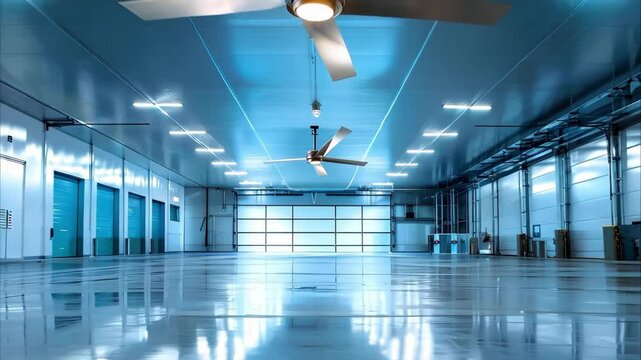 A spacious, well-lit industrial warehouse with a smooth floor, overhead ceiling fans, and large roll-up doors.