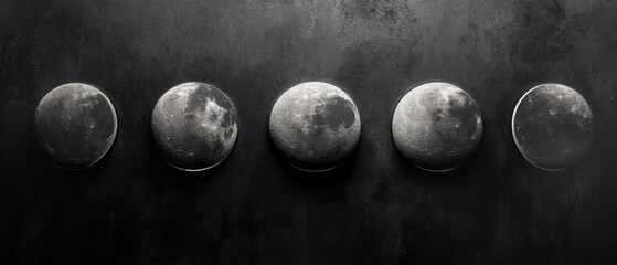 A series of five round black and white images of the moon