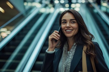 Fototapeta premium A confident woman engages in a lively phone conversation beside an escalator in a modern airport, conveying themes of connectivity and urban sophistication.
