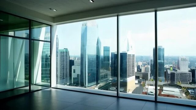 A sleek, modern office space with large glass windows showcasing a city skyline, evoking a sense of openness and corporate elegance.