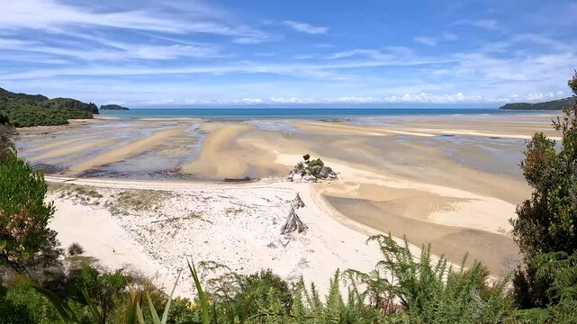 Marahau Vast Sandy Shoreline at Low Tide in Abel Tasman National Park, New Zealand&rsquo;s Tranquil Coastal Seascape