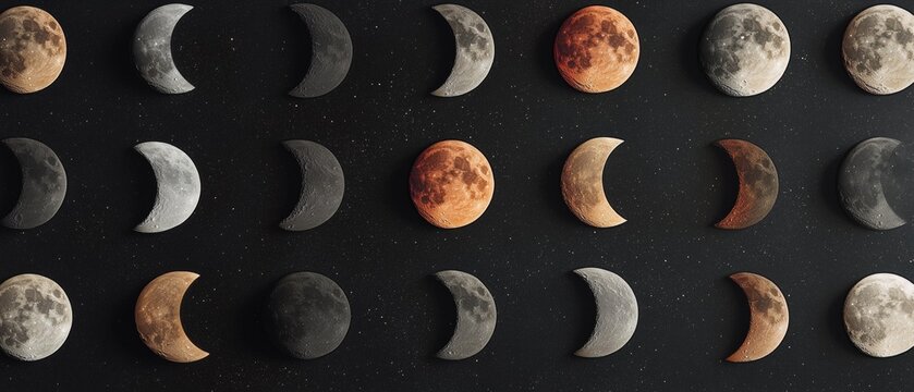A series of crescent moons with a red moon in the middle