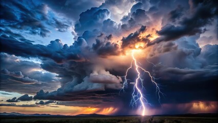 Fototapeta premium Dramatic sky with dark storm clouds and bright lightning bolt illuminating the night sky
