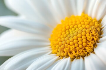 A stunning macro view of a daisy flower, highlighting its lush yellow center and pristine white petals, symbolizing purity and natural beauty in bloom.