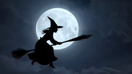 silhouette of a flying witch on a broomstick against a glowing moonlit background