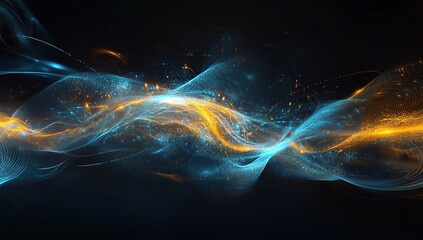 Fototapeta premium panorama of swirling light energy waves, with a dark background and glowing blue and yellow lights