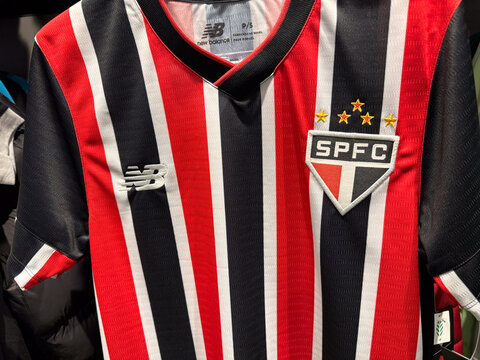 Macro closeup of the official t-shirt of the football club, S&atilde;o Paulo from Brazil. Rio de Janeiro, RJ, Brazil. 27 April 2024