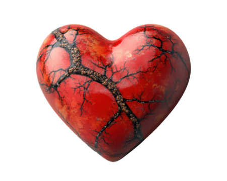 Artistic heart sculpture with textured surface, white isolate background.