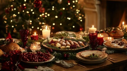 A table is set with a Christmas feast, including a large tree in the background