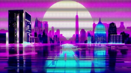Retro-Futuristic Neon Cityscape Landscape with Glitch Effects and CRT LCD Scanlines - Powered by Adobe