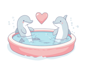 Two dolphins playing happily in a pink pool with water.