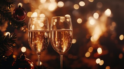 A New Year's Eve background with fireworks lighting up the sky and champagne glasses clinking