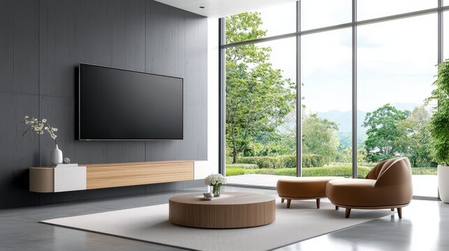 Contemporary living room with a wall-mounted TV, stylish furniture, and large windows, blending technology with sleek design.