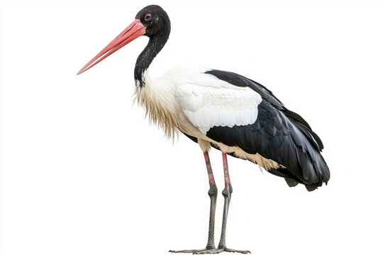 Admire the impressive jabiru stork, showcasing its striking features&mdash;long neck, sharp beak, and vibrant plumage&mdash;set against a pristine white background.