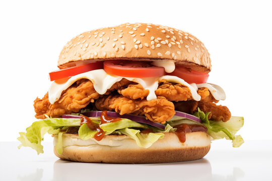 crispy zinger burger with golden fried chicken, fresh lettuce, juicy tomatoes, and melted cheese, all sandwiched between a soft sesame seed bun on a clean white background.